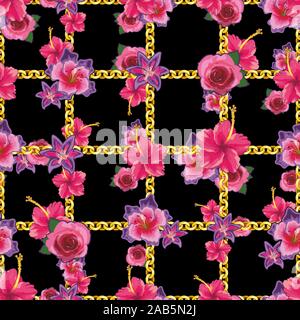 Pink rose and lily floral pattern with golden chains on black background. - illustration Stock Vector