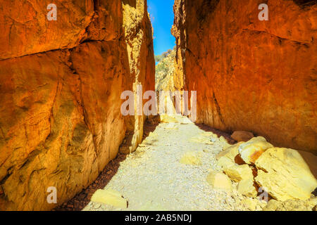 An iconic landmark in Central Australia: Standley Chasm in West MacDonnell Ranges, a natural geological gorge in dry season in Australian Outback Stock Photo