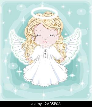 beautiful, charming little baby angel, in white dress with gift. Picture in hand drawing cartoon cute style, for Christmas and New year. Holiday Greet Stock Vector