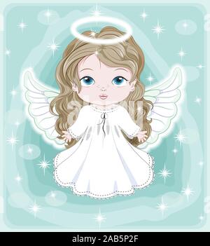 beautiful, charming little baby angel, in white dress. Picture in hand drawing cartoon cute style, for Christmas and New year. Holiday Greeting card. Stock Vector