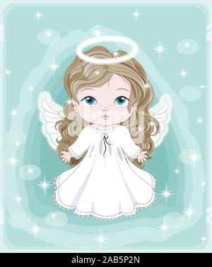 beautiful, charming little baby angel, in white dress. Picture in hand drawing cartoon cute style, for Christmas and New year. Holiday Greeting card. Stock Vector