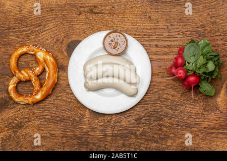 bavarian white sausage with pretzel Stock Photo
