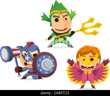 Kids in superheroes in costumes set isolated on white background cartoon vector illustration Stock Vector