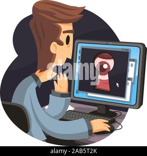 man using computer being spied by a hacker or the government Stock Vector