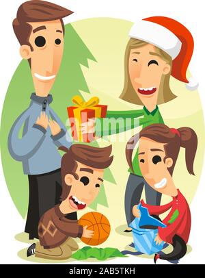 family opening christmas presents Stock Vector