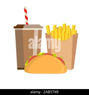 Lunch with french fries, sandwich and soda takeaway on isolated background. Fast food. Flat design. Stock Vector