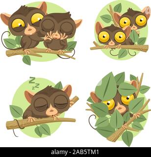 cute big eyed tarsier Set of illustrations vector cartoons Stock Vector