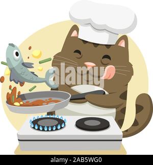 cartoon cat having fun cooking fish for dinner Stock Vector
