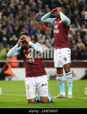 Aston Villa's Anwar El Ghazi reacts after a missed chance during the Premier League match at Villa Park, Birmingham. Stock Photo