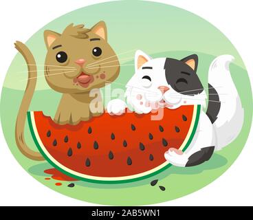 cartoon cats eating watermelon illustration Stock Vector