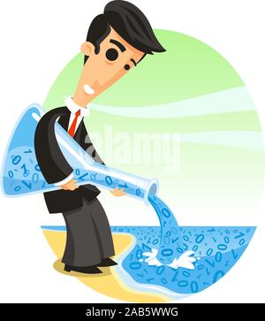 man pouring information into a sea of data Stock Vector