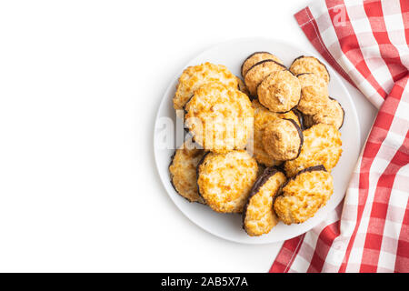 Coconut cookies with chocolate isolated on white background. Top view. Stock Photo