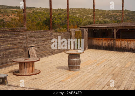 A vacant outdoor rustic wooden saloon Stock Photo