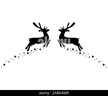 Two reindeers jump to each other with stars isolated on white Stock Vector