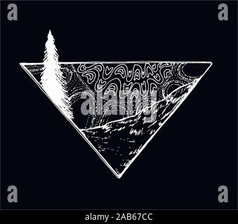 Picture of rays of a sun by a decorative pattern, slope of mountain and fir-tree. All of it in a triangle. Stock Vector