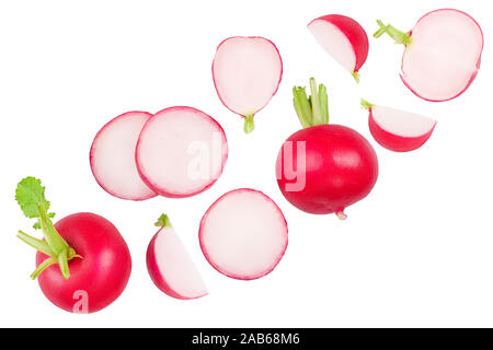 Set of fresh whole and sliced radish isolated on white background. Top view. Stock Photo