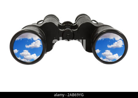 Pair of Binoculars with blue sky on a white background Stock Photo