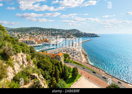 View from Castle Hill overlooking The Mediterranean Sea and the old harbor and port on the French Riviera, in Nice France. Stock Photo