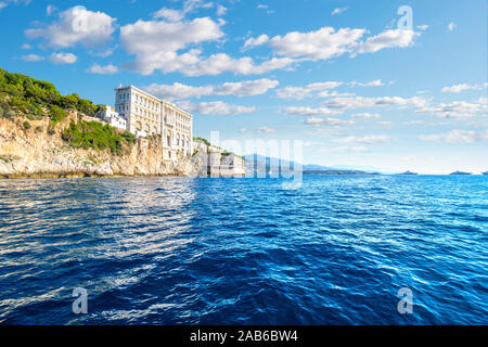 View from the sea of the Monaco Aquarium Oceanographic Museum of marine sciences in Monaco-Ville, Monaco. Stock Photo