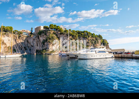 Sailboats and yachts moored in the Fontvieille Port along the Riviera in Monaco. Stock Photo