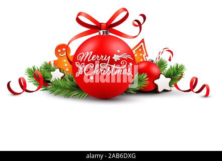 Festive christmas decoration with red christmas bauble, gingerbraed cookies and fir twigs Stock Vector