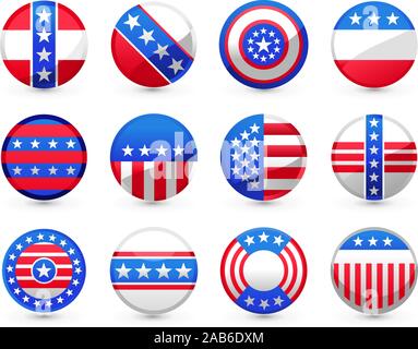 Twelve different USA Buttons in different American motives vector illustration, in red and blue, with white stars and American flag. Stock Vector