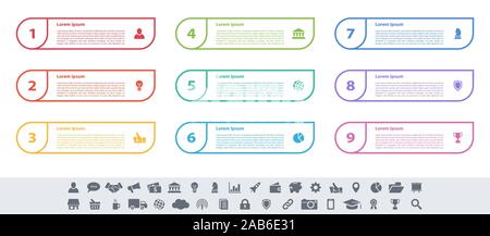 Infographic design business concept vector illustration with 9 steps or options or processes represent work flow or diagram or web button banner Stock Vector