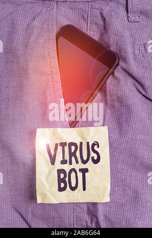 Handwriting text writing Virus Bot. Conceptual photo malicious selfpropagating malware designed to infect a host Smartphone device inside formal work Stock Photo
