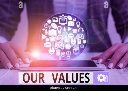 Text sign showing Our Values. Business photo text things that you believe are important the way you live and work Stock Photo