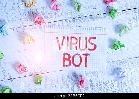 Handwriting text writing Virus Bot. Conceptual photo malicious selfpropagating malware designed to infect a host Crumpled colored rectangle square sha Stock Photo