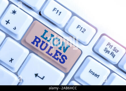 Handwriting text writing Lion Rules. Conceptual photo epitome of strength power and masculinity Master of own domain White pc keyboard with empty note Stock Photo