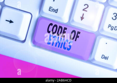 Writing note showing Code Of Ethics. Business concept for Moral Rules Ethical Integrity Honesty Good procedure Stock Photo