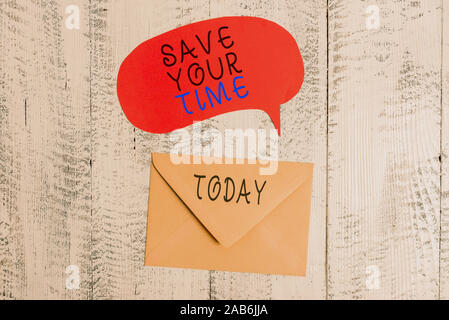 Handwriting text writing Save Your Time. Conceptual photo Finding ways to finished the job quick Automation End faster Front view closed envelop speec Stock Photo
