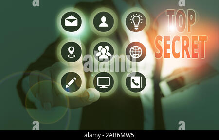 Conceptual hand writing showing Top Secret. Concept meaning protected by a high degree of secrecy Highly confidential Stock Photo