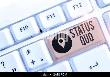 Conceptual hand writing showing Status Quo. Concept meaning existing state of affairs regarding social or political issues White pc keyboard with note Stock Photo