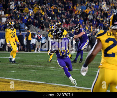 Los Angeles, United States. 25th Nov, 2019. Baltimore Ravens Marquise Brown scores against the Los Angeles Rams at the United Airlines Coliseum in Los Angeles on Monday, November 25, 2019. Photo by Jon SooHoo/UPI Credit: UPI/Alamy Live News