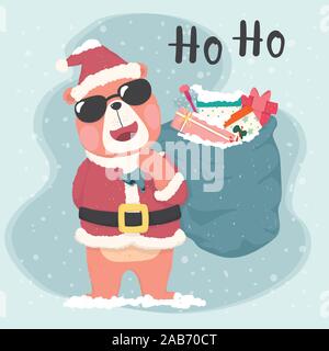 cute brown bear santa wear sun glasses and hold sack bag of gifts, merry Christmas card and banner, flat vector Stock Vector