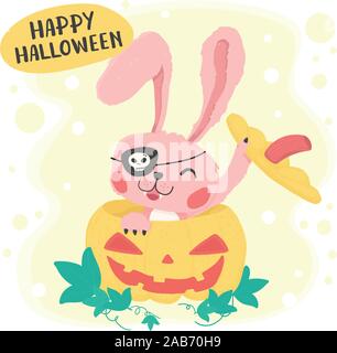 Cute pink happy bunny rabbit in yellow pumkin, flat vector cute animal cartoon, happy halloween Stock Vector