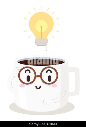 Illustration of a Coffee Cup Mascot Wearing Eyeglasses with a Bright Light Bulb Above. Study Hack Ideas. Stock Photo