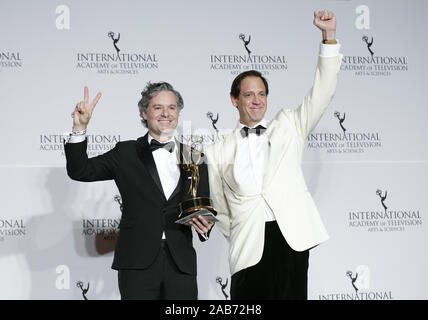 New York, United States. 25th Nov, 2019. Executive Producers Zasha Robles and Diego Ramirez Schrempp stand with the International Emmy award for Falco in the category of Non-English Language US Primetime Program at the 47th International Emmy Awards at the New York Hilton in New York City on November 25, 2019. Photo by John Angelillo/UPI Credit: UPI/Alamy Live News Stock Photo