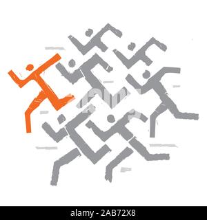 Running pepople with leader, expressive symbol. Illustration of seven abstract stylized runners.Concept for business competition . Vector available. Stock Vector