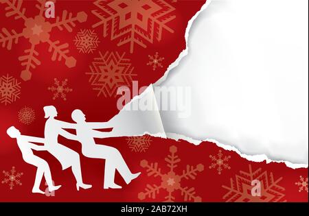 Family tearing Christmas wrapping paper, banner template. Paper family silhouette and red christmas torn paper. Vector available. Stock Vector