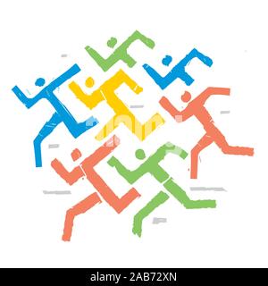 Running race,fitness runners, expressive symbol. Colorful illustration of seven abstract stylized runners. Vector available. Stock Vector
