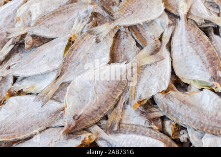 Hong Kong - November 2019: Close up on piled-up salted fish. Stock Photo
