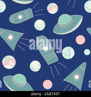 seamless vector patter with ufo, spaceships and plantes Stock Vector