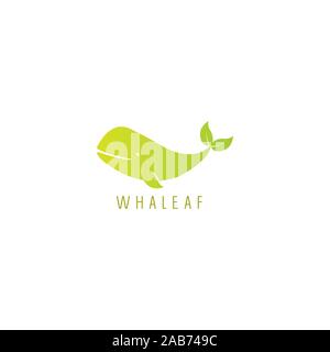 modern geometric logo of whale fish and leaf, nature whale logo. with green color Stock Vector