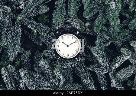 Green fir brunches with black and white alarm clock. Central composition. Stock Photo