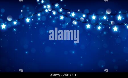 Christmas background consist of fairy lights as star shape with magic particle falling down on dark blue background Stock Vector
