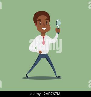 African Manager character looking through a magnifying glass. Stock Vector