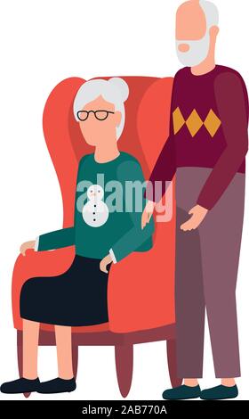 grandfather and grandmother seated in sofa avatars characters Stock Vector